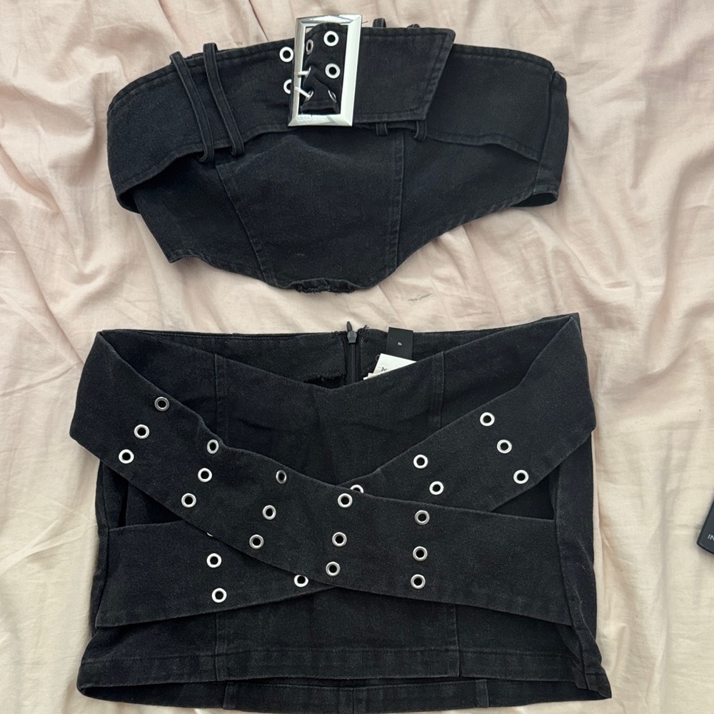 Black Belted Corset Top and Skirt Set